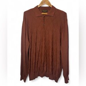 Robert Villini Collezione Men XL Brown Red Long Sleeve Button Collar Polo Henley